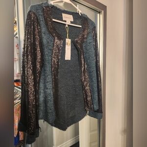 Chico's Teal and Brown Sequin Cardigan